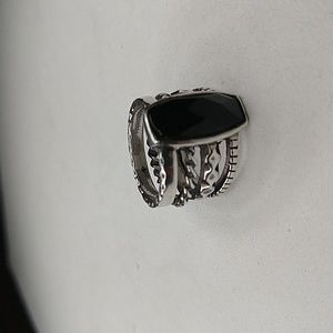 Carved black onyx 925 sterling silver textured wide band ring